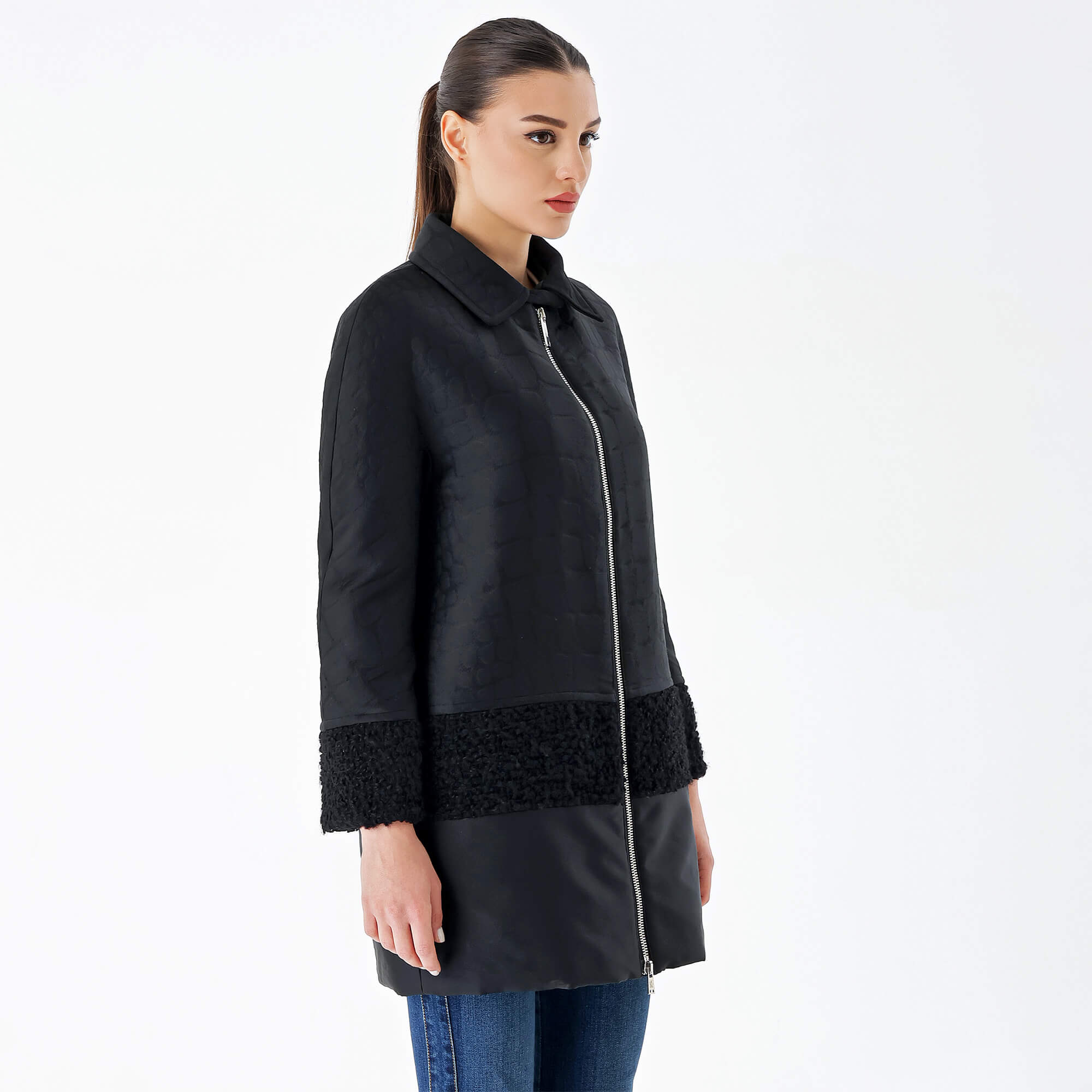 Moncler-Black and Wool Detail Long Coat